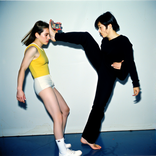 Returned by the second pass: a man in black kicking a long-haired figure in a yellow vest against a white wall