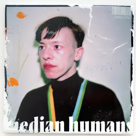 The top tile: a young man in a black turtleneck over the words median humans, the transfer cracked at the edges.